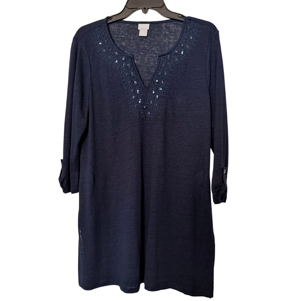 Chico’s Size 1X Navy Blue 100% Linen Embroidered Sequin Tunic Top